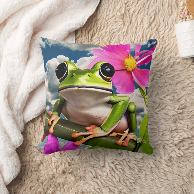 Niedlicher Frosch auf rosa Blume Zweig mit Wolken Kissen (Decke)