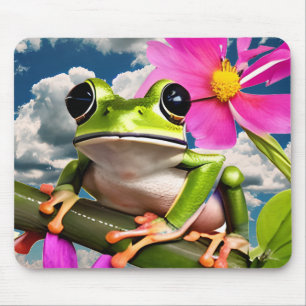 Niedlicher Frosch auf rosa Blume Zweig mit Wolken Mousepad