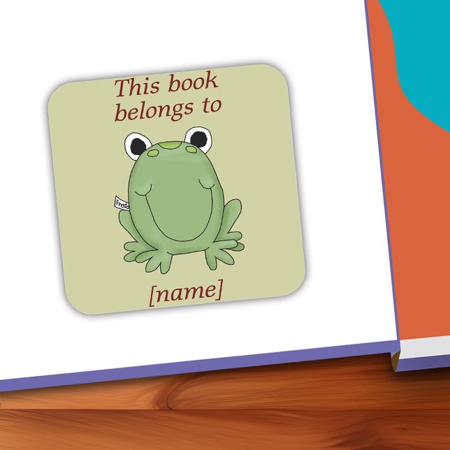 Niedlicher Frosch in diesem Buch gehört zum Buchst Quadratischer Aufkleber (Personalized Cute Frog This Book Belongs To Book Plate Sticker)