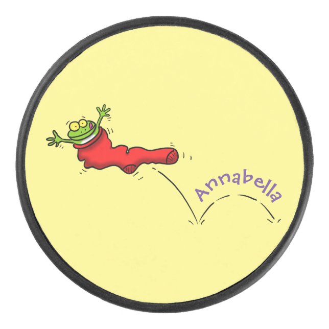 Niedlicher Frosch in einem roten Cartoon Eishockey Puck (Vorderseite)
