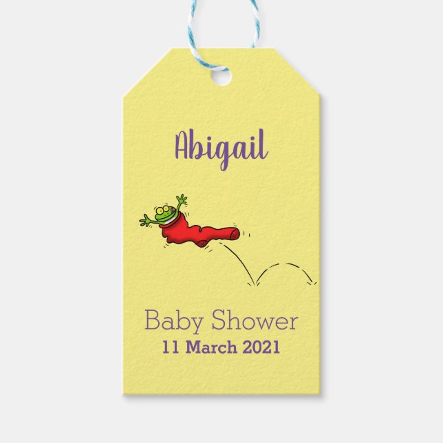 Niedlicher Frosch in einem roten Cartoon Geschenkanhänger (Vorderseite)