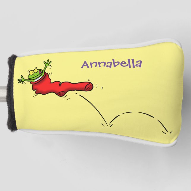 Niedlicher Frosch in einem roten Cartoon Golf Headcover (Vorderseite)