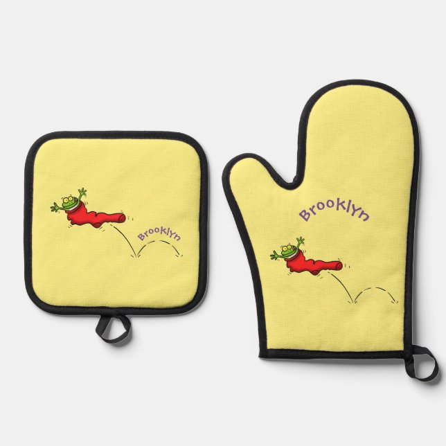 Niedlicher Frosch in einem roten Cartoon Ofenhandschuh & Topflappen-Set (Vorderseite)