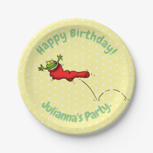 Niedlicher Frosch in einem roten Cartoon Pappteller