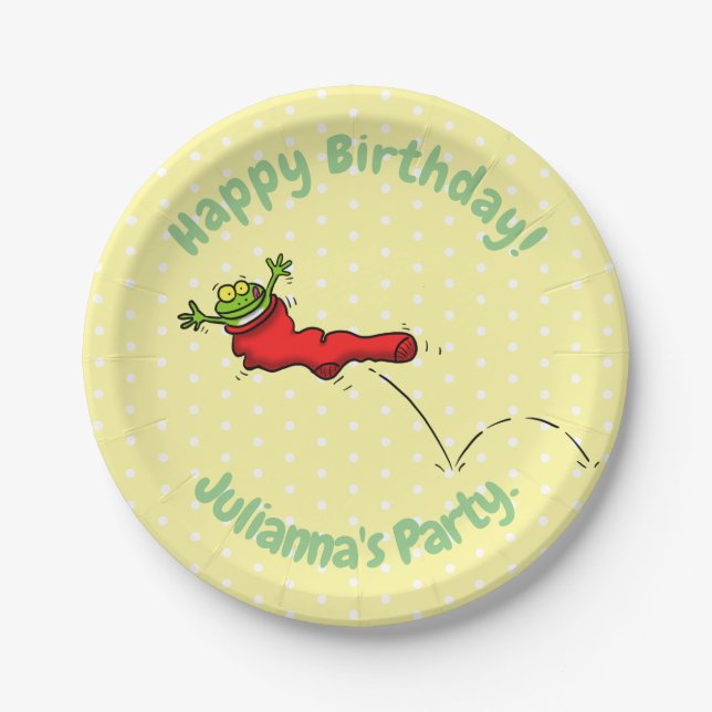 Niedlicher Frosch in einem roten Cartoon Pappteller (Vorderseite)