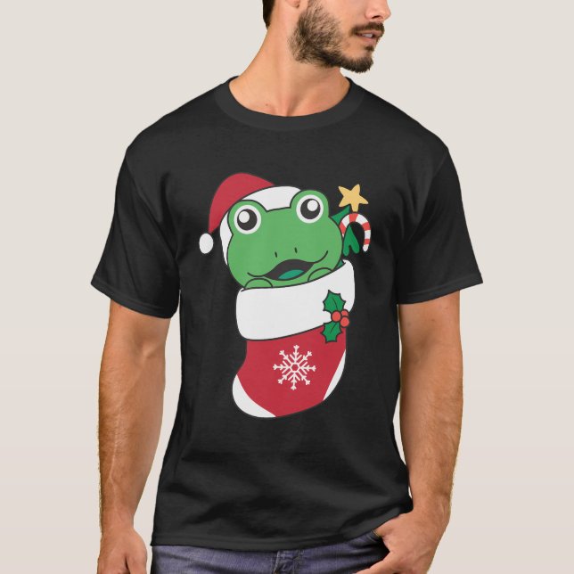 Niedlicher Frosch in Weihnachtssocken für Weihnach T-Shirt (Vorderseite)