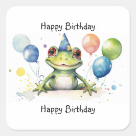 niedlicher Frosch mit Ballons Glücklich Geburtstag Quadratischer Aufkleber