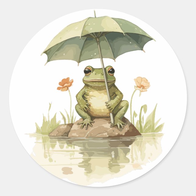 Niedlicher Frosch mit einem Regenschirm am See Runder Aufkleber (Vorderseite)