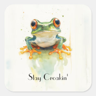Niedlicher Frosch mit grüner Wasserfarbe Quadratischer Aufkleber