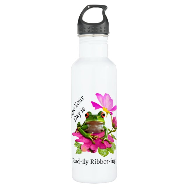 Niedlicher Frosch oder Toad Puff auf rosa Blume Edelstahlflasche (Vorderseite)