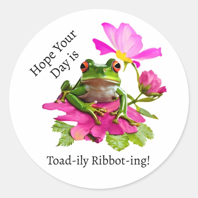 Niedlicher Frosch oder Toad Puff auf rosa Blume Runder Aufkleber (Vorderseite)
