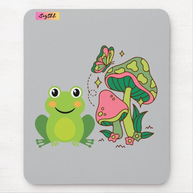 niedlicher Frosch, Pilze und Schmetterling Mousepad (Vorne)