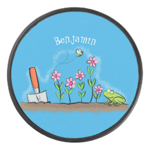 Niedlicher Frosch und Biene in Cartoon-Abbildung Eishockey Puck