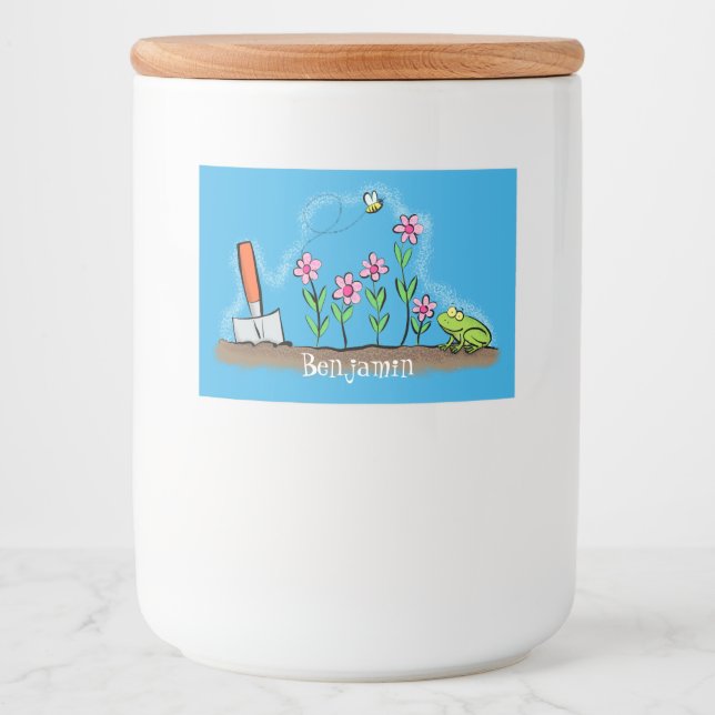 Niedlicher Frosch und Biene in Cartoon-Abbildung Lebensmitteletikett (Vorderseite)