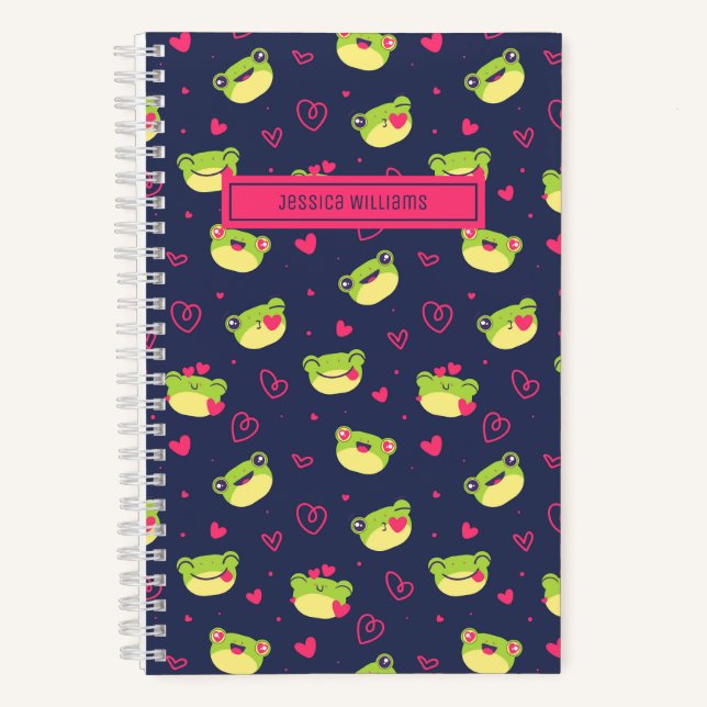 Niedlicher Frosch und Doodle Herz Muster Navy Blue Notizbuch (Vorderseite)