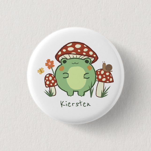 Niedlicher Frosch und Pilze Cartoon Button (Vorderseite)