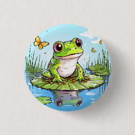 Niedlicher Frosch und Schmetterlinge auf Lily Pad Button