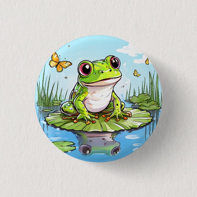 Niedlicher Frosch und Schmetterlinge auf Lily Pad Button (Vorderseite)