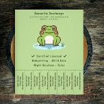 Niedlicher Froschabreißer Flyer<br><div class="desc">Ein grüner Flyer mit Abreißstreifen und eine Abbildung eines niedlichen Frosches auf seinem Teich! Es könnte perfekt für alle Aktivitäten mit Kindern wie Babysitting,  Kinderbetreuung,  Tutor usw. sein</div>