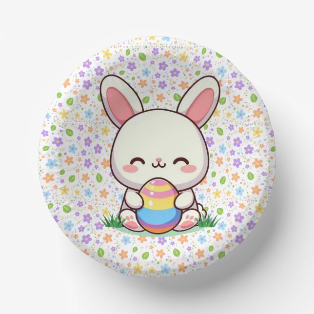 Niedlicher Frühjahr/Osterhase mit Ei Pappteller (Vorderseite)