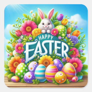Niedlicher Frühjahr/Osterhase mit Ei Quadratischer Aufkleber