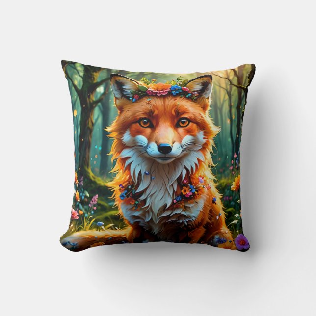 Niedlicher Fuchs mit Blumenkronen Kissen (Vorderseite)