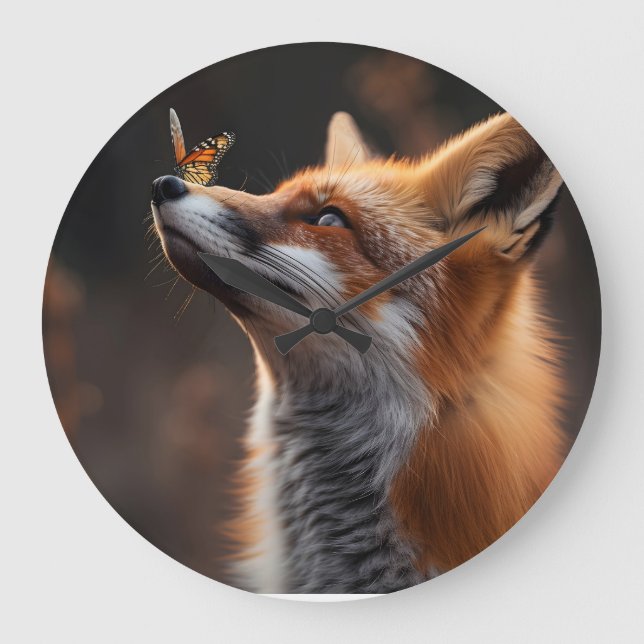 Niedlicher Fuchs mit Schmetterling auf der Nase Große Wanduhr (Vorderseite)