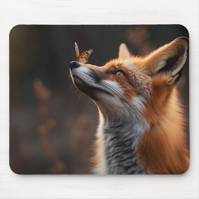 Niedlicher Fuchs mit Schmetterling auf der Nase Mousepad (Vorne)