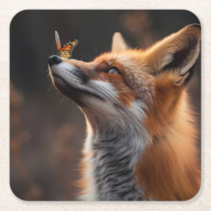 Niedlicher Fuchs mit Schmetterling auf der Nase Rechteckiger Pappuntersetzer