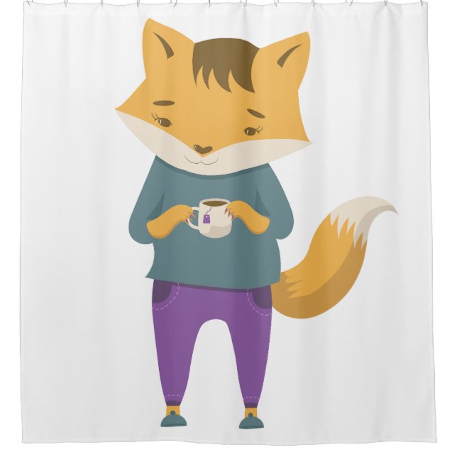 Niedlicher Fuchs mit Tasse Tee Duschvorhang (Vorderseite)