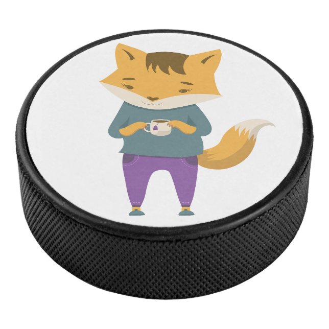 Niedlicher Fuchs mit Tasse Tee Eishockey Puck (3/4)
