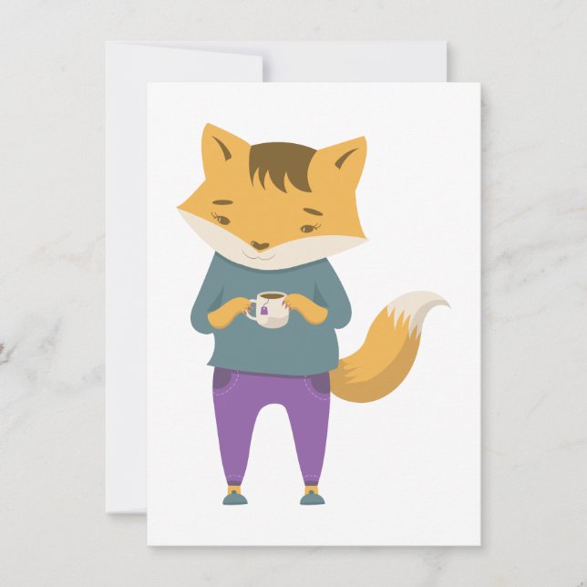 Niedlicher Fuchs mit Tasse Tee Feiertagskarte (Vorderseite)