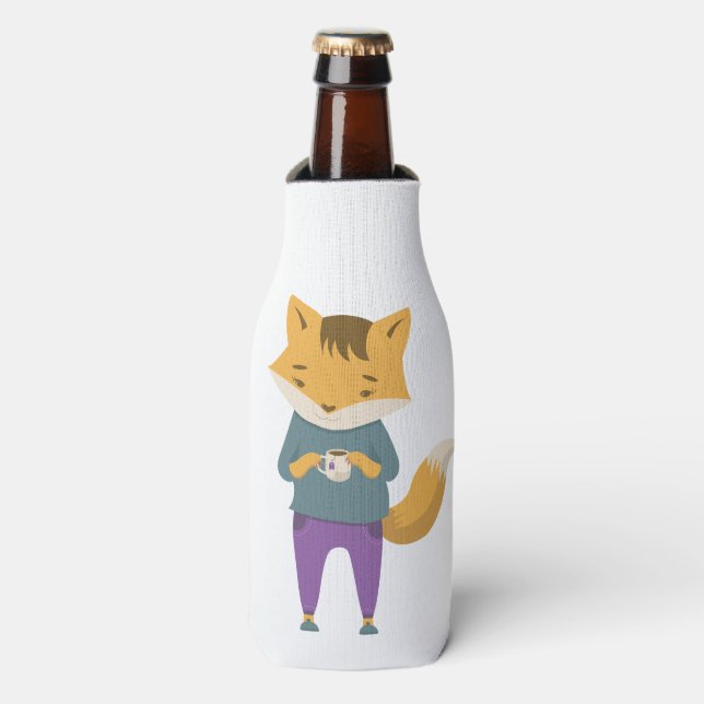 Niedlicher Fuchs mit Tasse Tee Flaschenkühler (Flaschenvorderseite)