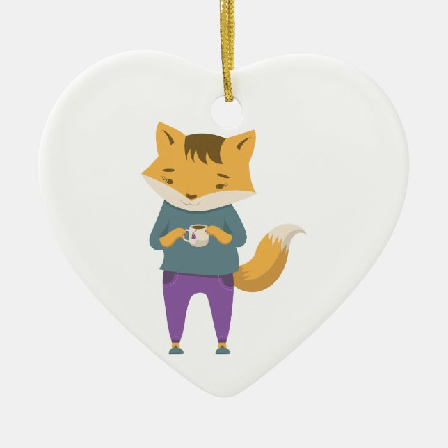 Niedlicher Fuchs mit Tasse Tee Keramik Ornament (Vorne)