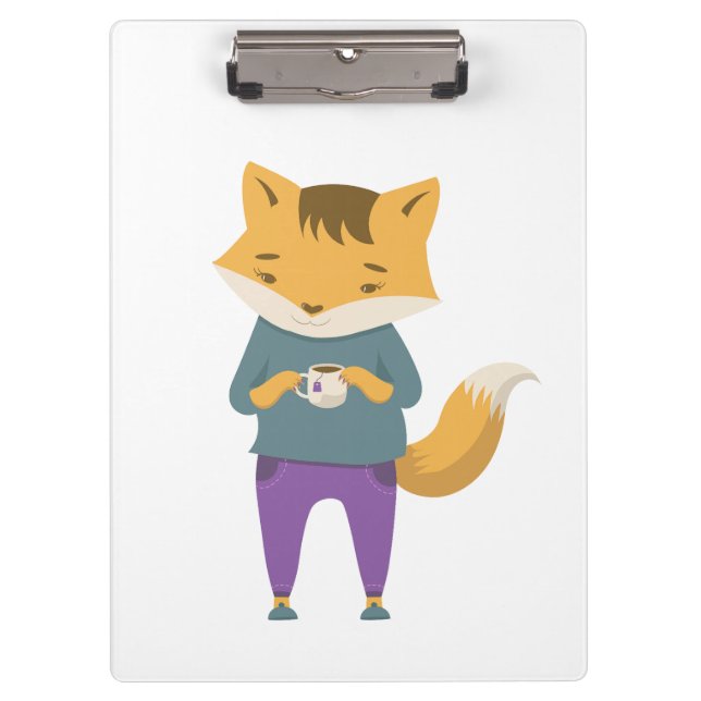 Niedlicher Fuchs mit Tasse Tee Klemmbrett (Vorderseite)