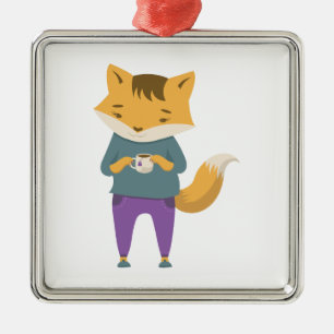 Niedlicher Fuchs mit Tasse Tee Ornament Aus Metall