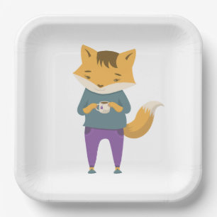 Niedlicher Fuchs mit Tasse Tee Pappteller