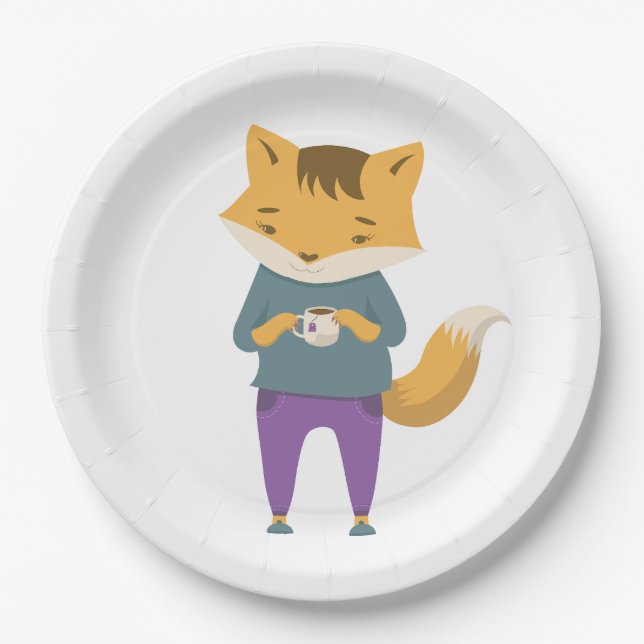 Niedlicher Fuchs mit Tasse Tee Pappteller (Vorderseite)