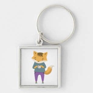 Niedlicher Fuchs mit Tasse Tee Schlüsselanhänger