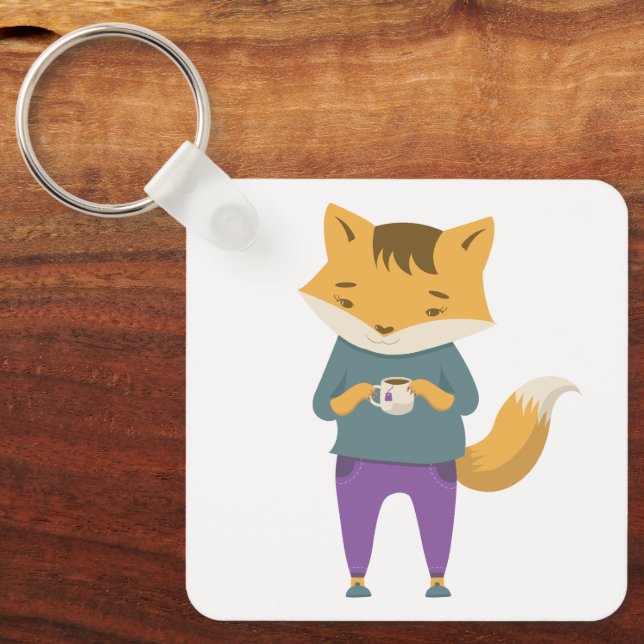 Niedlicher Fuchs mit Tasse Tee Schlüsselanhänger (Vorderseite)