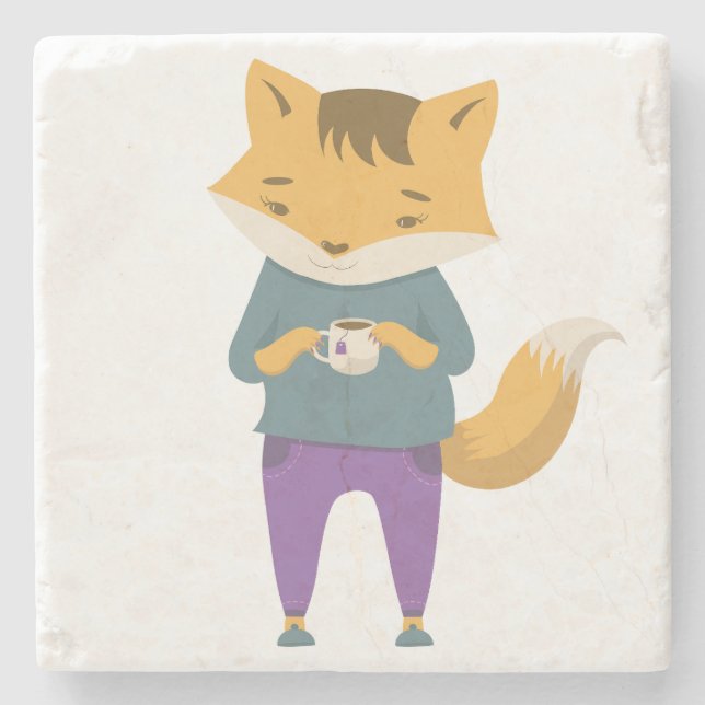 Niedlicher Fuchs mit Tasse Tee Steinuntersetzer (Vorderseite)