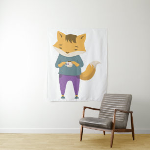 Niedlicher Fuchs mit Tasse Tee Wandteppich