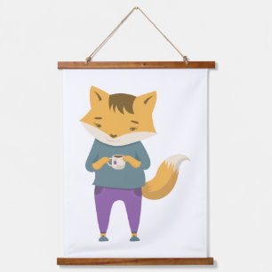 Niedlicher Fuchs mit Tasse Tee Wandteppich Mit Holzrahmen