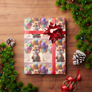 Niedlicher Fuchs umgeben von bunten Ballons. Geschenkpapier