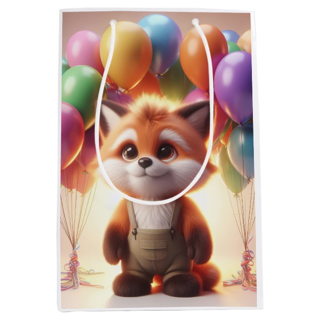 Niedlicher Fuchs umgeben von bunten Ballons. Mittlere Geschenktüte (Vorderseite)