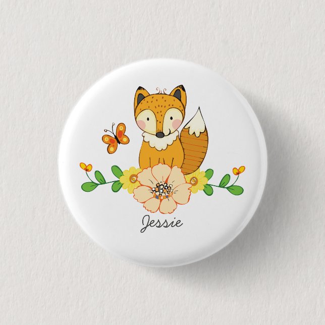Niedlicher Fuchs und floraler individuelle Name Button (Vorderseite)