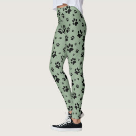 Niedlicher Fun Black on Sage Green Paw Prints Leggings