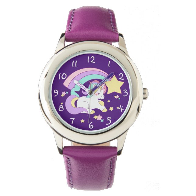 Niedlicher Funny Cartoon Rainbow Einhorn mit Zahle Armbanduhr (Vorderseite)