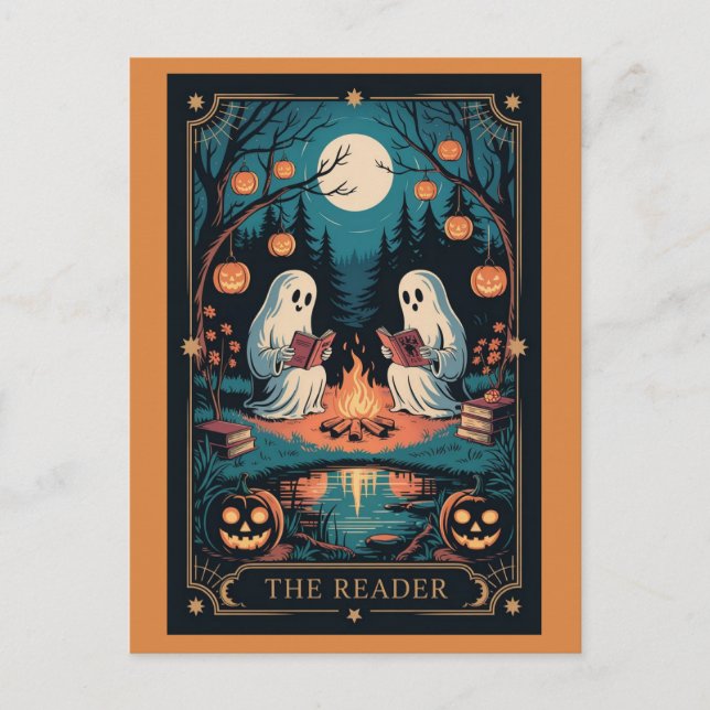 Niedlicher Funny Fall Halloween Tarot Ghost Read B Postkarte (Vorderseite)