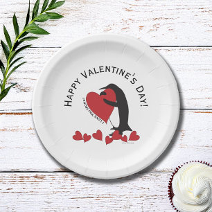 Niedlicher Funny Pinguin Rotes Herz Valentinstag Pappteller